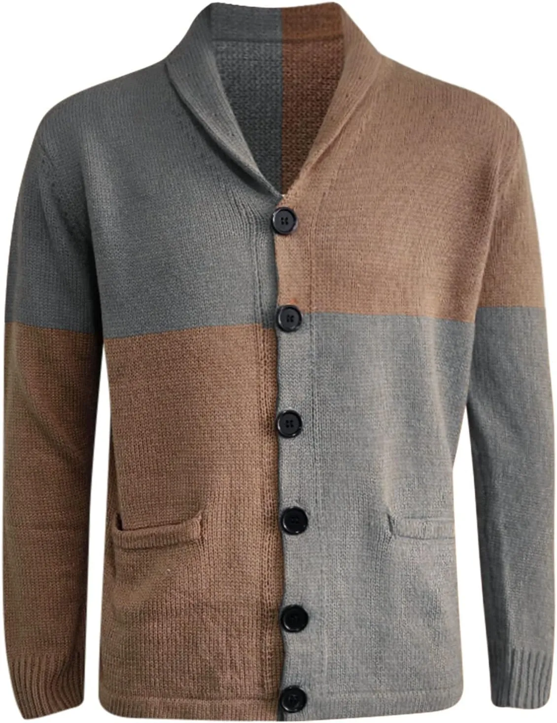 Mens Sweater Jacket Mens Patchwork Wool Blended Shawl Collar Cardigan Sweater Button Down with Pockets
