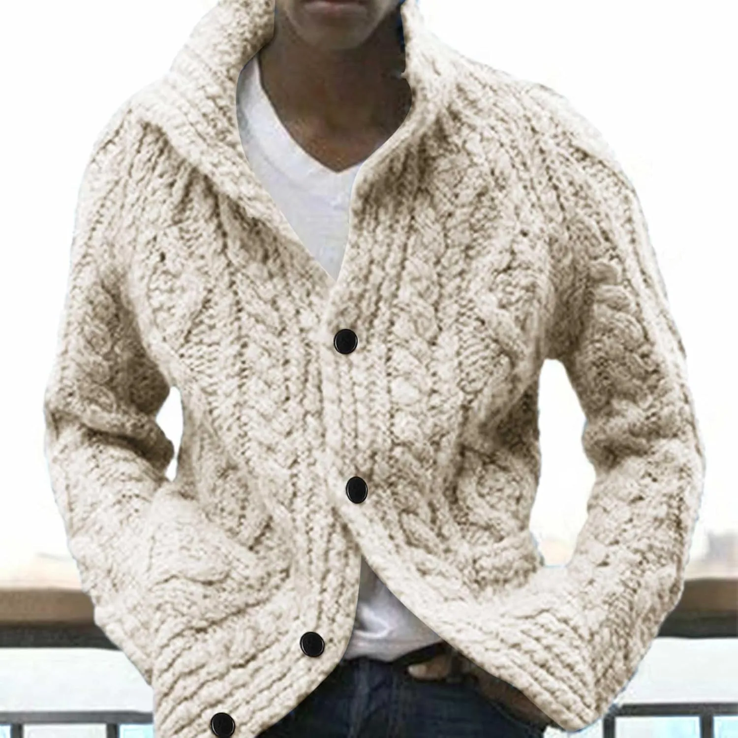 Mens Sweaters Male Fashion Solid Color Cardigan Sweater Jacket Lapel Pocket Mens Pullover Sweater v Neck