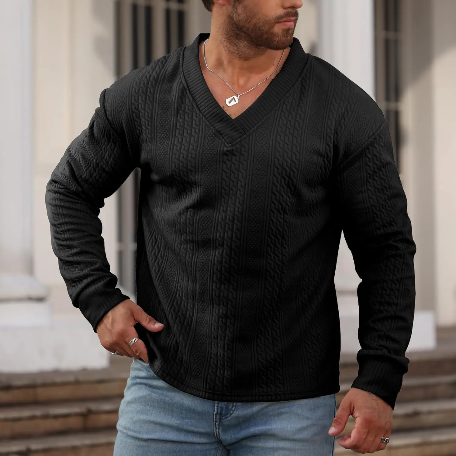 Men's V-Neck Sweatshirt Pullover Long Sleeve Knitted Casual Sweaters