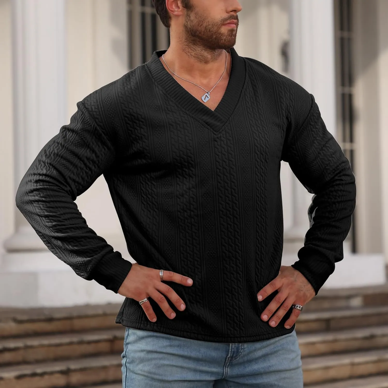 Men's V-Neck Sweatshirt Pullover Long Sleeve Knitted Casual Sweaters