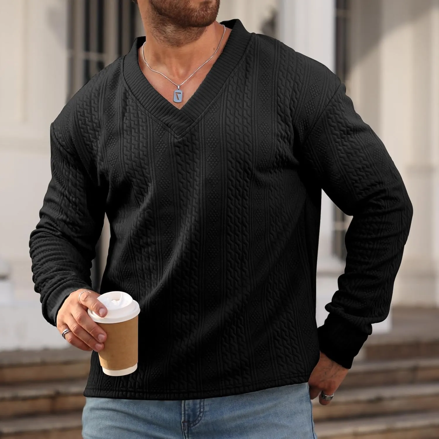 Men's V-Neck Sweatshirt Pullover Long Sleeve Knitted Casual Sweaters