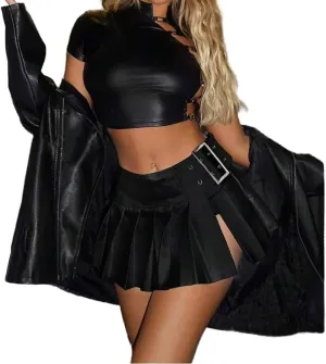 Metallic Flared Pleated Mini Skirt Women's Shiny Metallic A-Line Ruffle Mini Skirts with Split