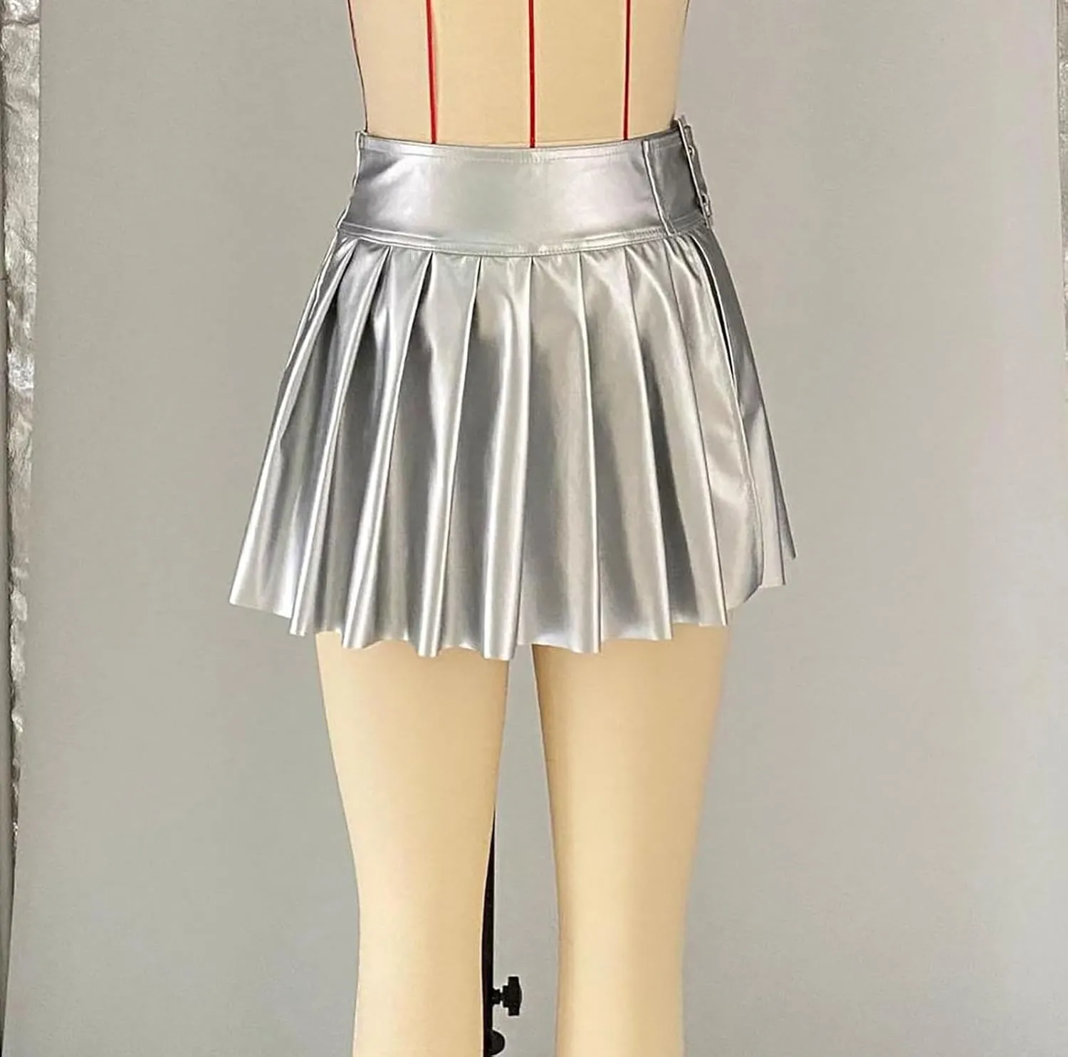 Metallic Flared Pleated Mini Skirt Women's Shiny Metallic A-Line Ruffle Mini Skirts with Split