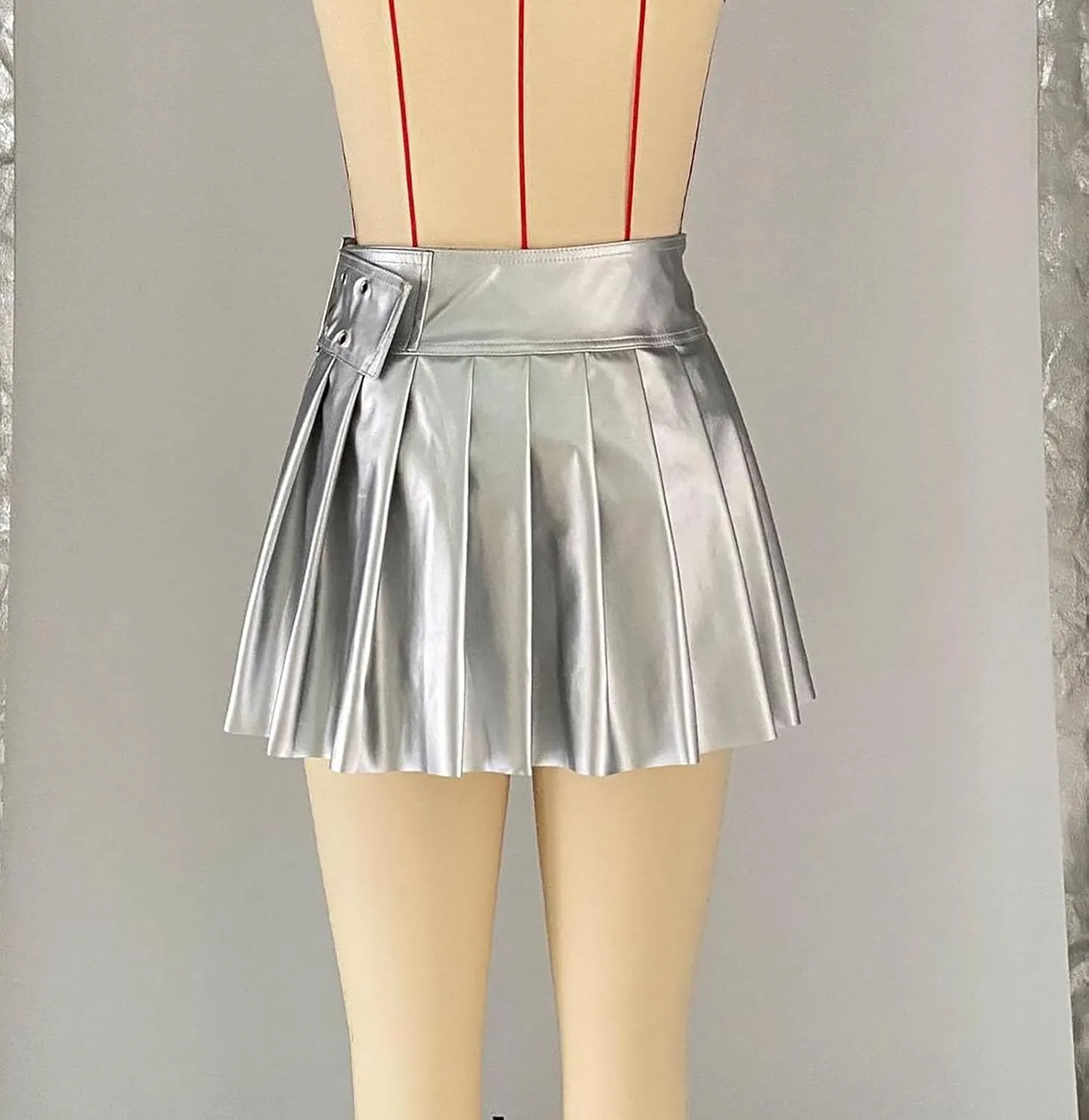 Metallic Flared Pleated Mini Skirt Women's Shiny Metallic A-Line Ruffle Mini Skirts with Split