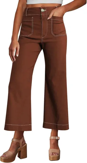 miduo Womens High Waisted Cropped Wide Leg Stretchy Straight Pants Trousers with Pockets