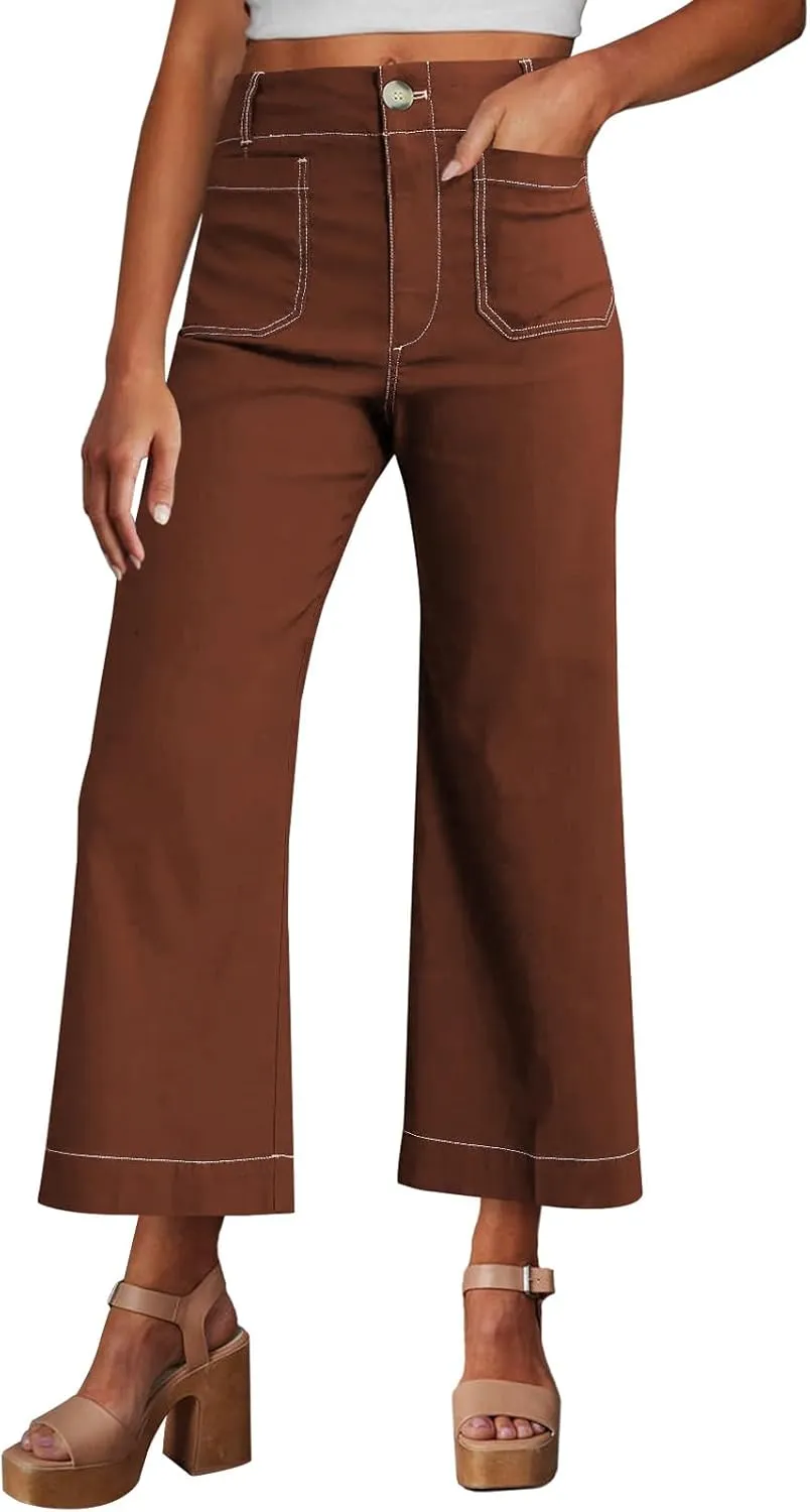 miduo Womens High Waisted Cropped Wide Leg Stretchy Straight Pants Trousers with Pockets