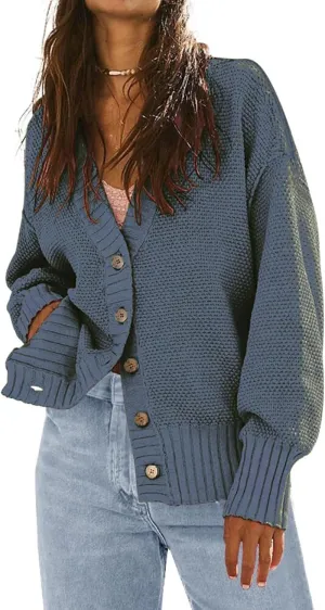 Miyaomn for Women Mens Sweatshirt Women's V Neck Button Down Cardigans Knitwear Casual Solid Loose Fit Drop Shoulder Long Sleeve Oversized Sweater Tops(Blue,Small)