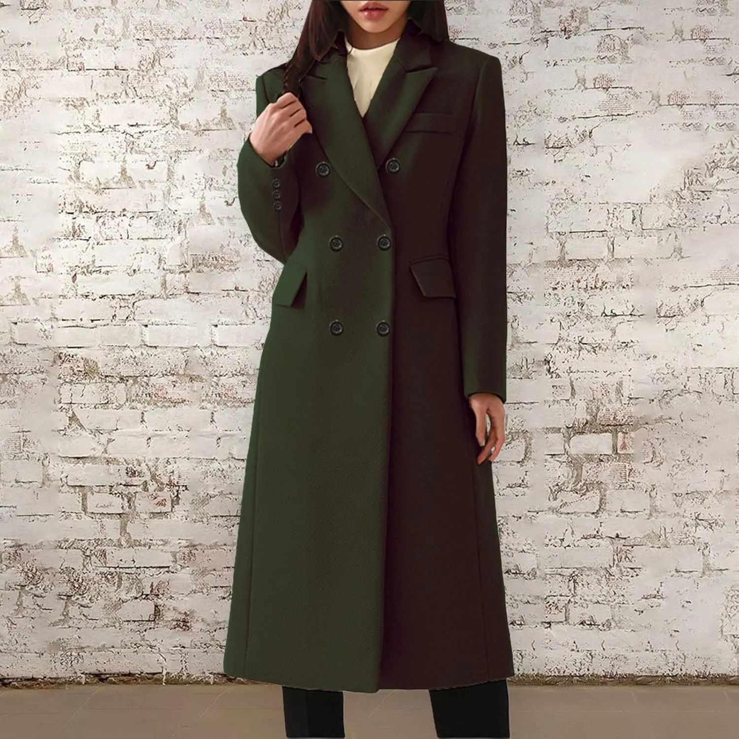 Miyaomn Formal Notch Lapel Work Trench Coat for Women Business Double Breasted Windproof Overcoat Mid-Long Wool Blend Peacoat