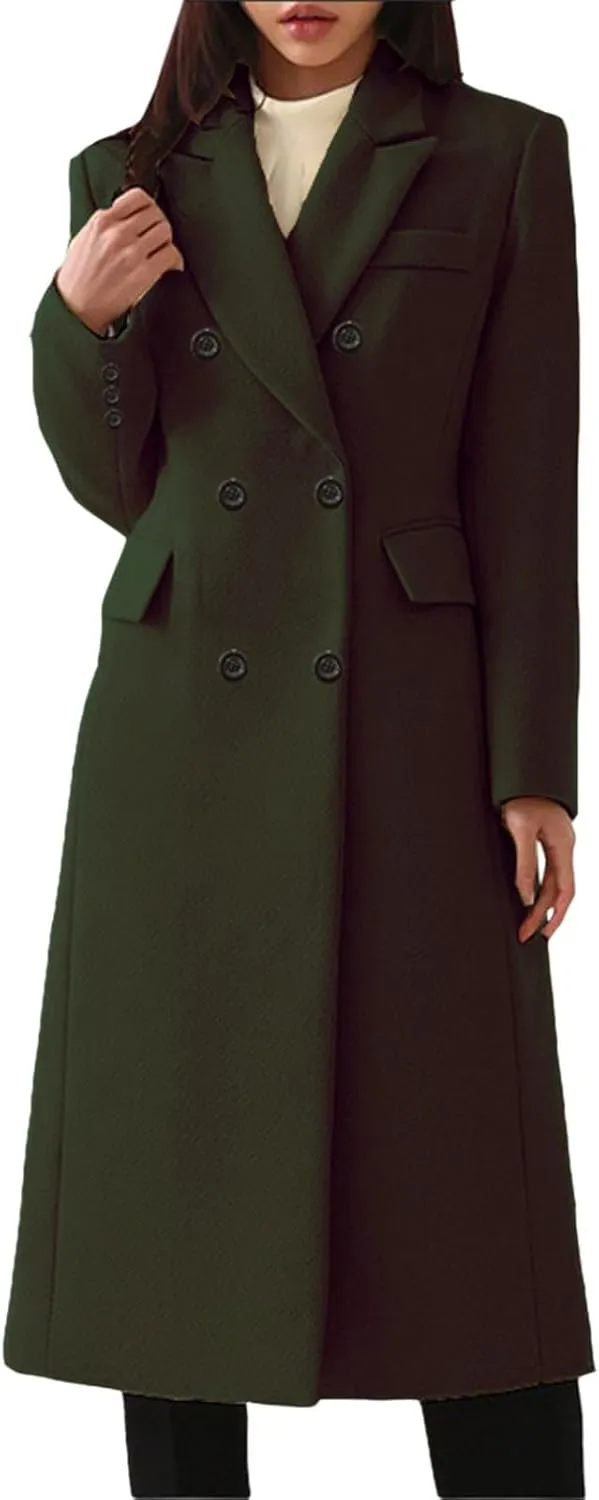 Miyaomn Formal Notch Lapel Work Trench Coat for Women Business Double Breasted Windproof Overcoat Mid-Long Wool Blend Peacoat