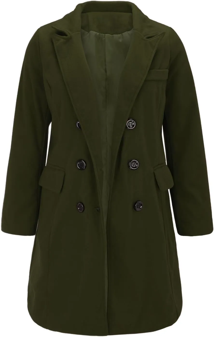 Miyaomn Formal Notch Lapel Work Trench Coat for Women Business Double Breasted Windproof Overcoat Mid-Long Wool Blend Peacoat