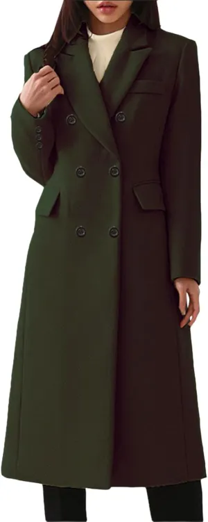 Miyaomn Formal Notch Lapel Work Trench Coat for Women Business Double Breasted Windproof Overcoat Mid-Long Wool Blend Peacoat