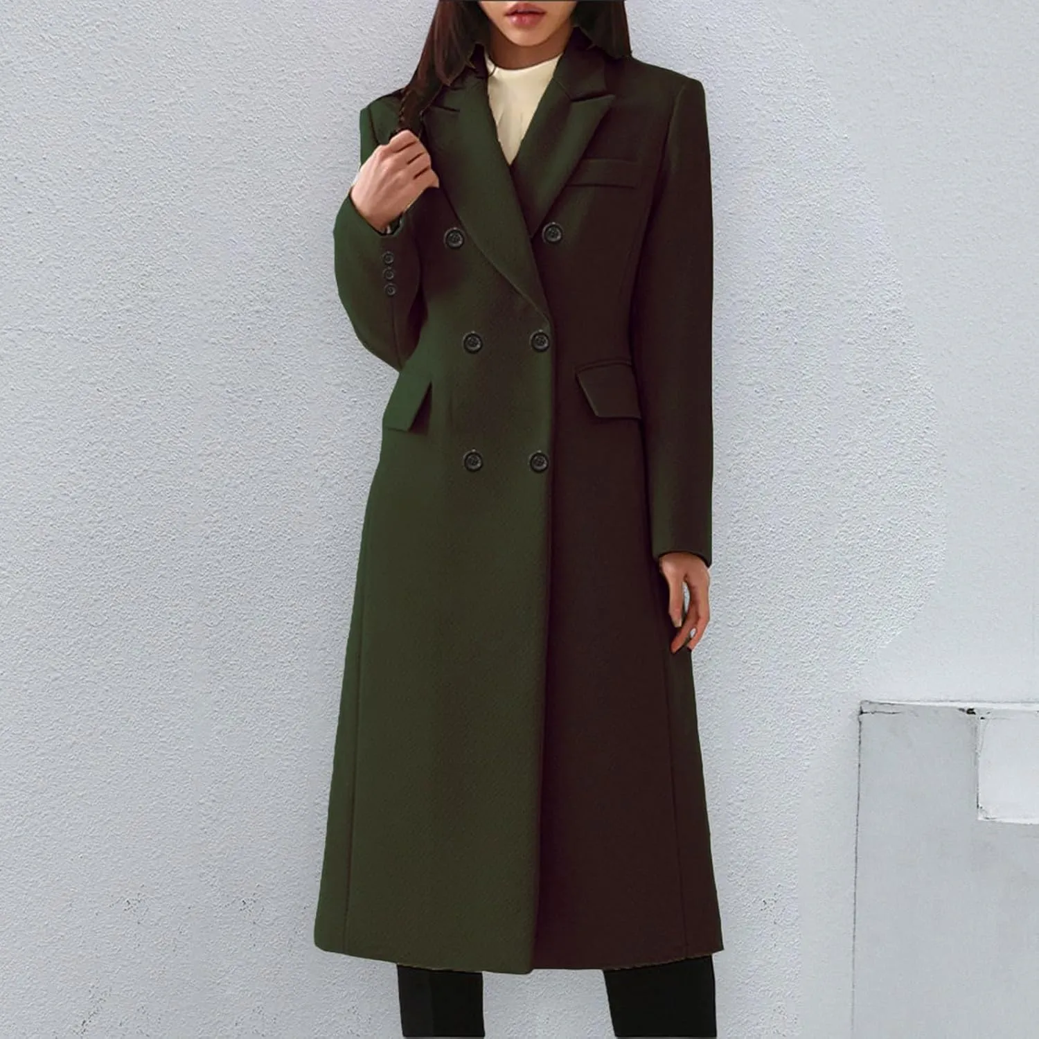 Miyaomn Formal Notch Lapel Work Trench Coat for Women Business Double Breasted Windproof Overcoat Mid-Long Wool Blend Peacoat