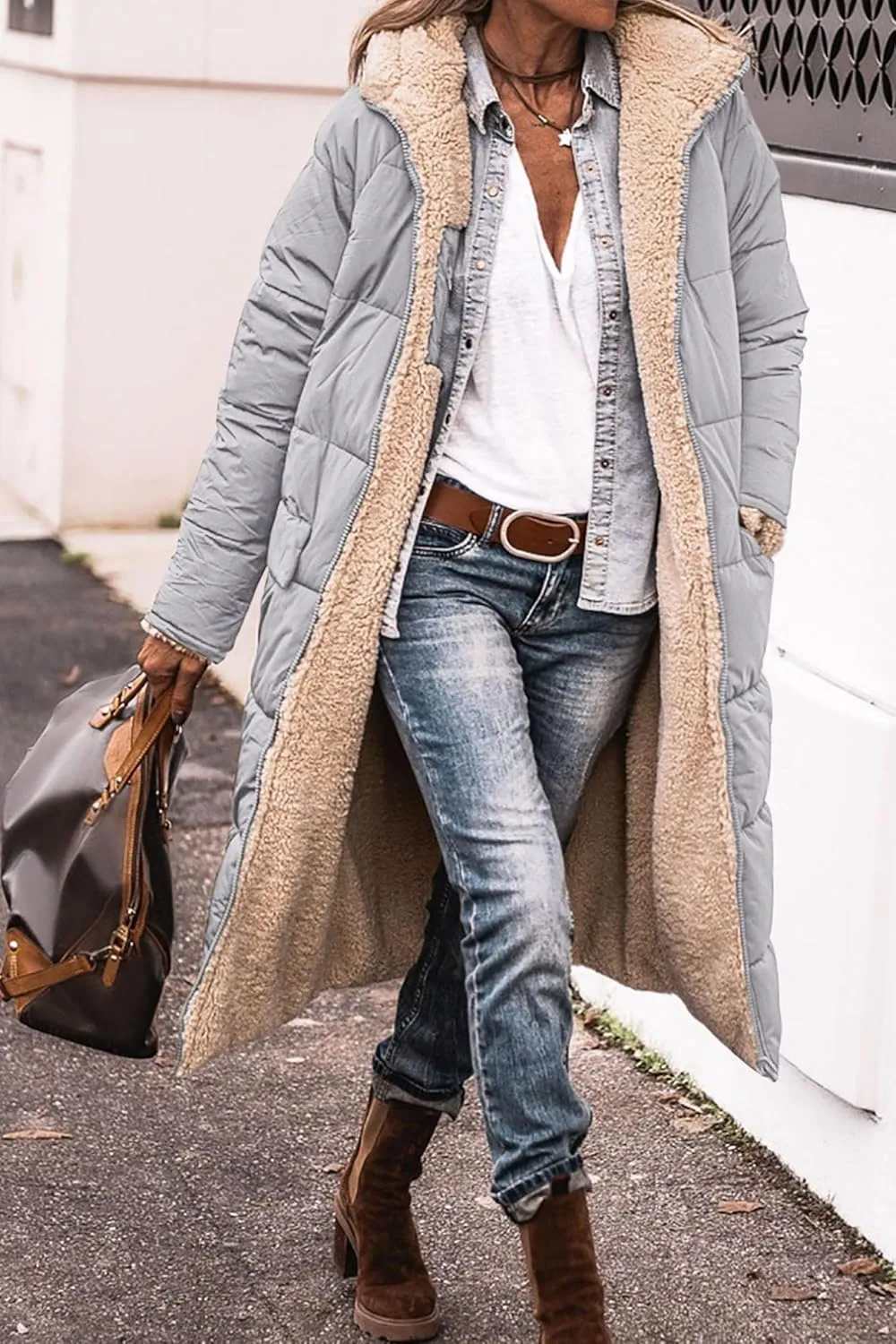 Mmoneyake Womens Reversible Sherpa Fleece Puffer Jackets Warm Winter Coats Zip Up Fall Long Hooded Outerwear Fashion Overcoat