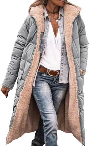 Mmoneyake Womens Reversible Sherpa Fleece Puffer Jackets Warm Winter Coats Zip Up Fall Long Hooded Outerwear Fashion Overcoat