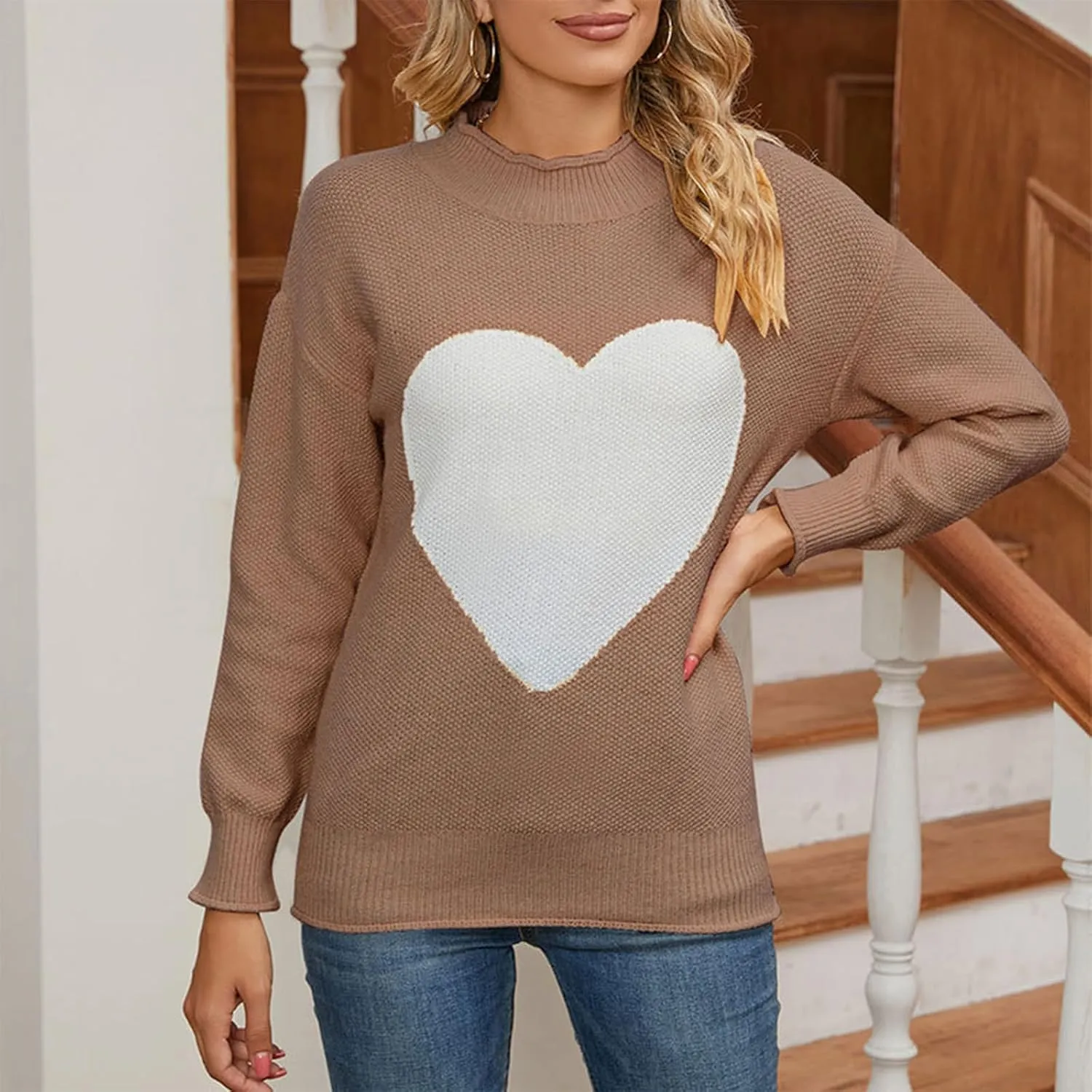 Mtsebmves Women Heart Sweater Long Sleeve Turtleneck Sweaters Oversized Knit Trendy Sweater Pullovers