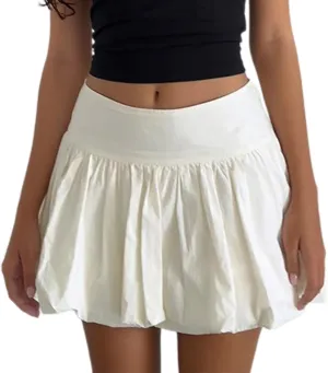 Muineobuka Women Y2K Bubble Mini Skirt Low Waist Pleated A Line Short Skirt Solid Color Ruffle Hem Puffy Skirt Streetwear