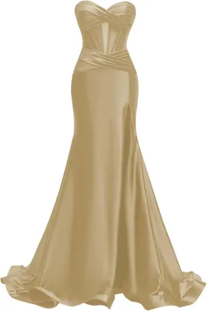 MYDRESS Strapless Satin Prom Dresses 2025 Bodycon Evening Dresses Sexy Ruched Wedding Guest Dresses for Women