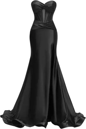 MYDRESS Strapless Satin Prom Dresses 2025 Bodycon Evening Dresses Sexy Ruched Wedding Guest Dresses for Women