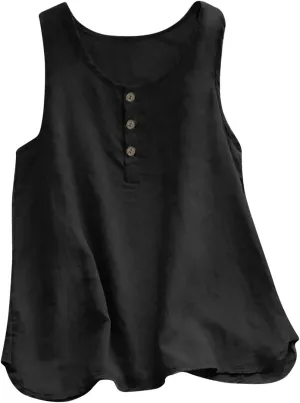 Mzkdieey Cotton Linen Tank Tops for Women Scoop Neck Button Down Henley Shirts Summer Casual Sleeveless Loose Fit T-Shirt