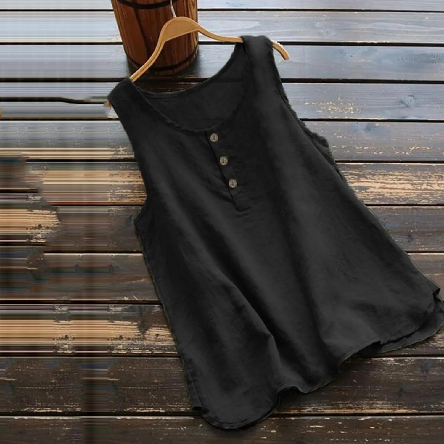 Mzkdieey Cotton Linen Tank Tops for Women Scoop Neck Button Down Henley Shirts Summer Casual Sleeveless Loose Fit T-Shirt