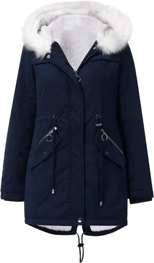 NaRHbrg Winter Coat for Womens Warm Puffer Thicken Parka Jacket with Fur Hood Ladies Fashion Zipper Solid Jackets Over Coat
