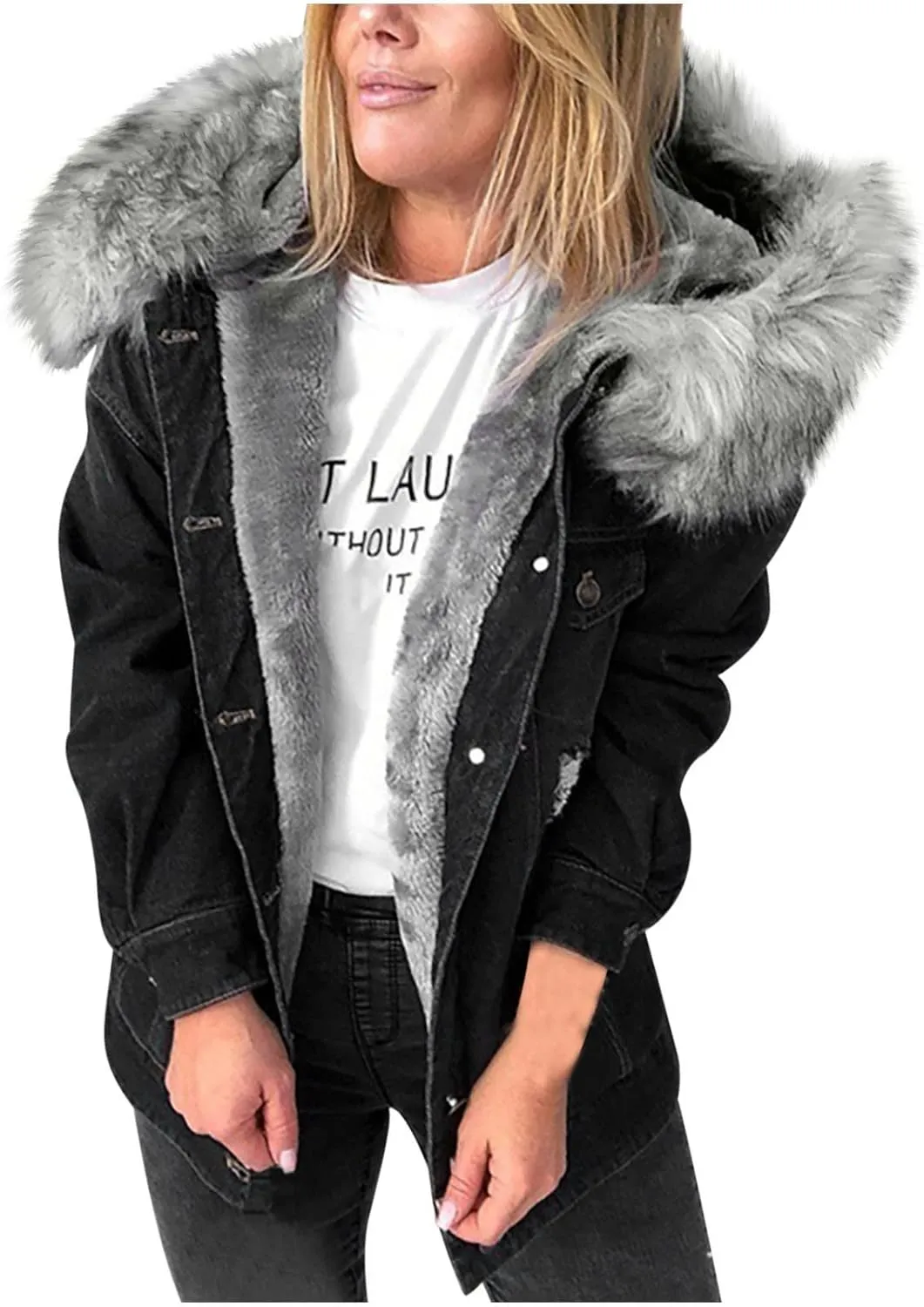 NaRHbrg Womens Denim Jacket with Hood Ladies Thicken Warm Wool Retro Hooded Coat Outwear Winter Parka Overcoat Long Jacket
