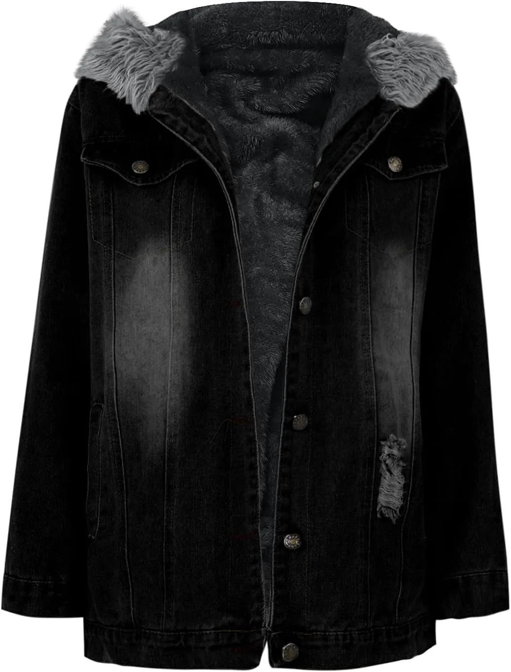 NaRHbrg Womens Denim Jacket with Hood Ladies Thicken Warm Wool Retro Hooded Coat Outwear Winter Parka Overcoat Long Jacket