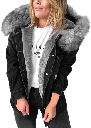 NaRHbrg Womens Denim Jacket with Hood Ladies Thicken Warm Wool Retro Hooded Coat Outwear Winter Parka Overcoat Long Jacket