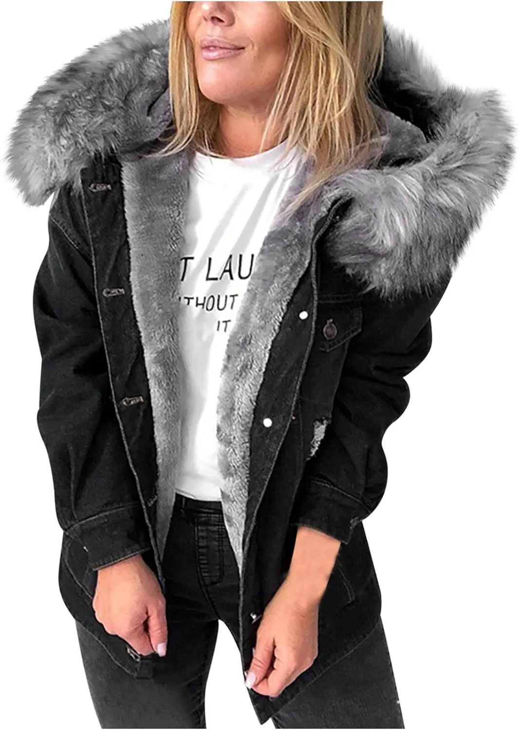 NaRHbrg Womens Denim Jacket with Hood Ladies Thicken Warm Wool Retro Hooded Coat Outwear Winter Parka Overcoat Long Jacket