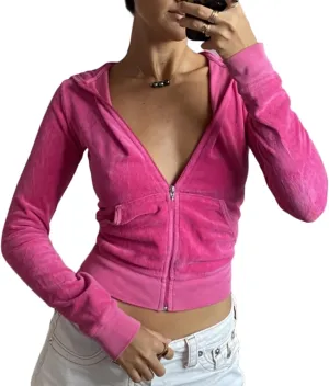 NUFIWI Women Pink Heart Print Zip Up Y2K Velvet Crop Hoodies Long Sleeve Kawaii Cropped Sweatshirts Cute Clothes