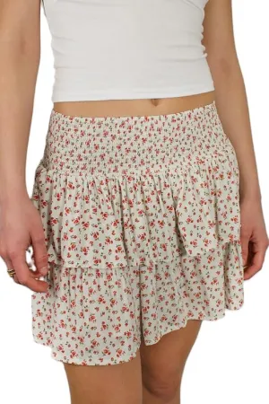 NUFIWI Women Printed Layered Ruffle Mini Skirts Elastic Waist A Line Pleated Short Skirts Low Waist Flared Flowy Beach Skirts