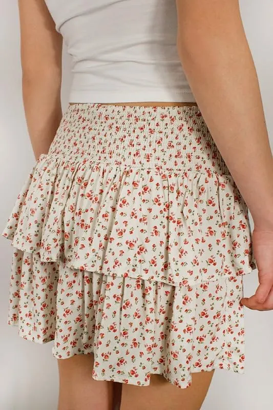 NUFIWI Women Printed Layered Ruffle Mini Skirts Elastic Waist A Line Pleated Short Skirts Low Waist Flared Flowy Beach Skirts
