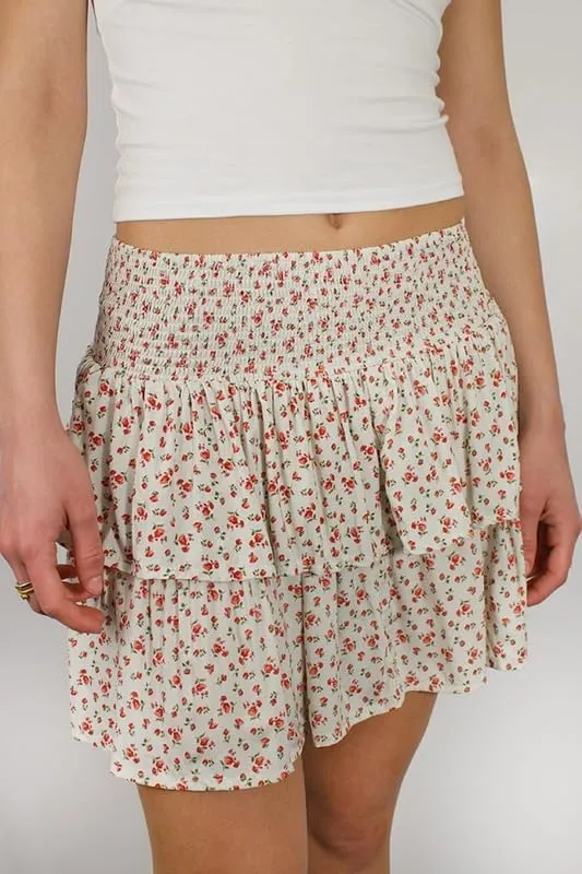 NUFIWI Women Printed Layered Ruffle Mini Skirts Elastic Waist A Line Pleated Short Skirts Low Waist Flared Flowy Beach Skirts