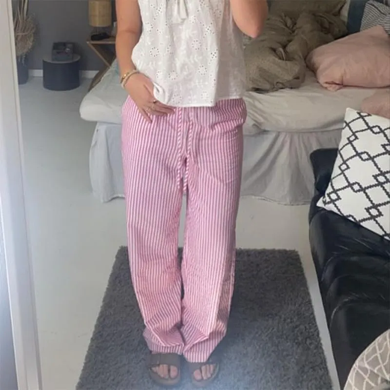 NUFIWI Women Striped Linen Pajama Pants Drawstring Wide Leg Stripes Lounge Pants Pinstriped Loose Fit Comfy Pinstripe Pants