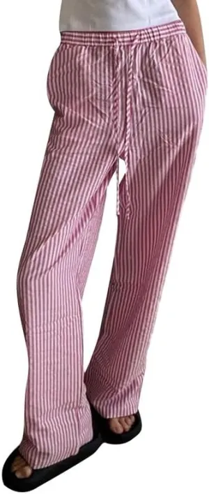 NUFIWI Women Striped Linen Pajama Pants Drawstring Wide Leg Stripes Lounge Pants Pinstriped Loose Fit Comfy Pinstripe Pants