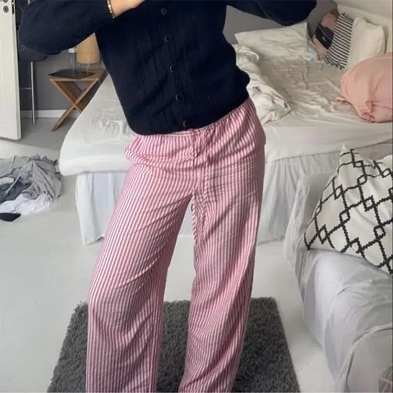 NUFIWI Women Striped Linen Pajama Pants Drawstring Wide Leg Stripes Lounge Pants Pinstriped Loose Fit Comfy Pinstripe Pants
