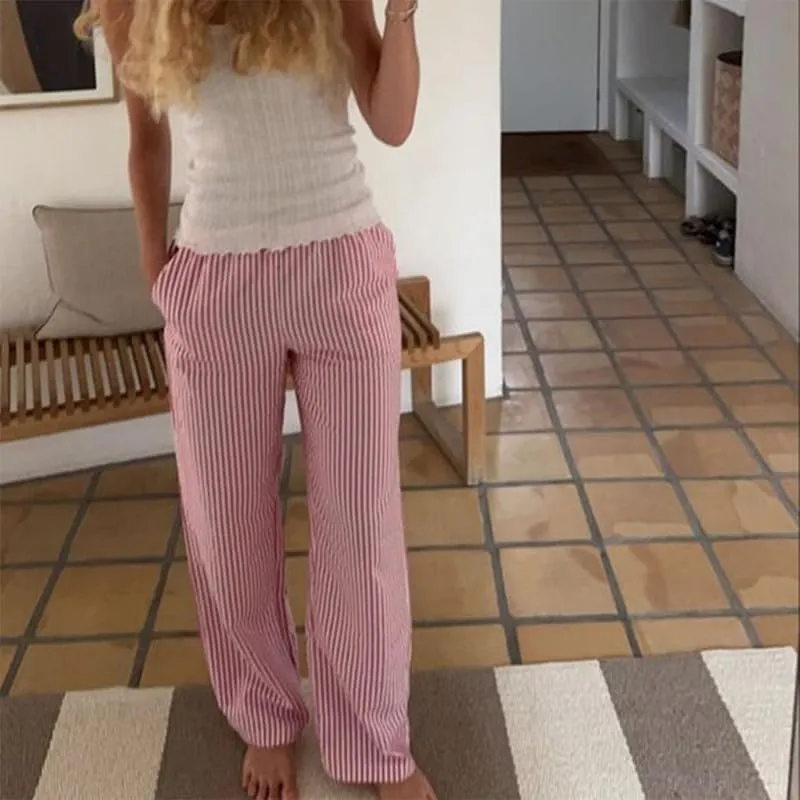 NUFIWI Women Striped Linen Pajama Pants Drawstring Wide Leg Stripes Lounge Pants Pinstriped Loose Fit Comfy Pinstripe Pants