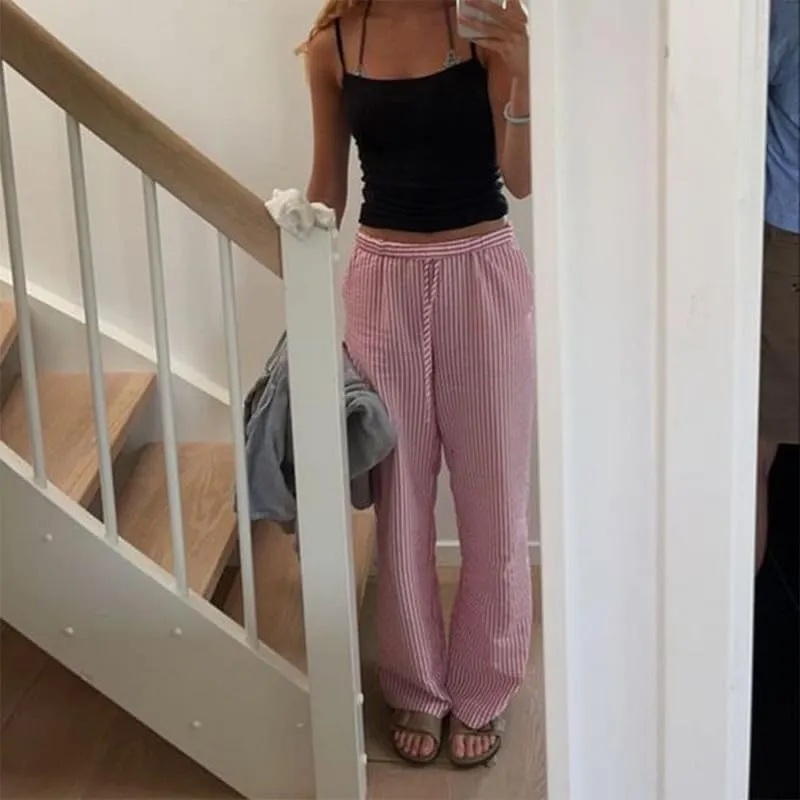 NUFIWI Women Striped Linen Pajama Pants Drawstring Wide Leg Stripes Lounge Pants Pinstriped Loose Fit Comfy Pinstripe Pants