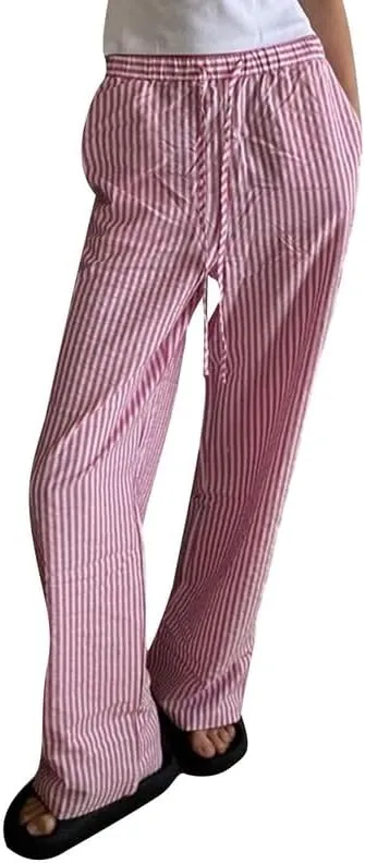 NUFIWI Women Striped Linen Pajama Pants Drawstring Wide Leg Stripes Lounge Pants Pinstriped Loose Fit Comfy Pinstripe Pants