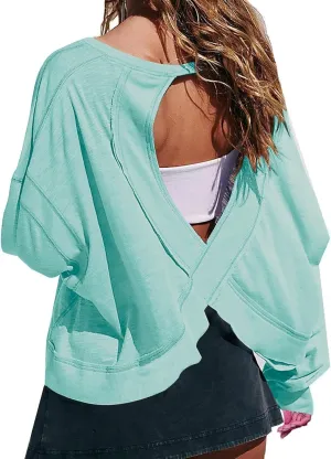 Oversized Open Back Sweatshirts for Womens Gym Backless Long Sleeve Crop Tops Workout Yoga Athletic Shirts Pullover