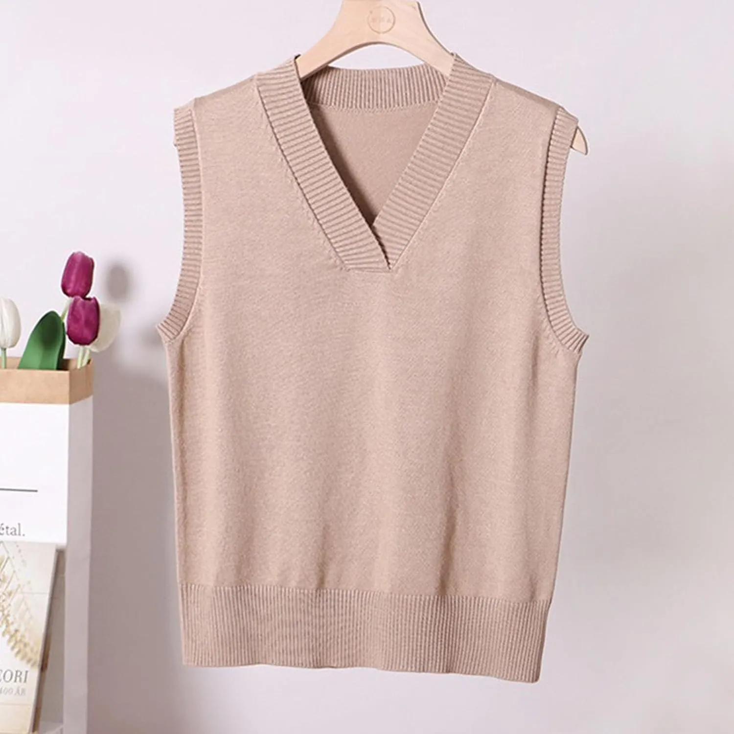 Oversized Sweater Vest for Women School Uniform Sleeveless V Neck Pullover Knitwear Tops Solid Tunic Tank Tops
