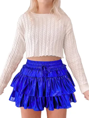 Owl's-Yard Women's Shiny Mini Skirts Metallic Ruffles Drawstring High Waist Pleated Skirts Summer Short Casual Party Skirts