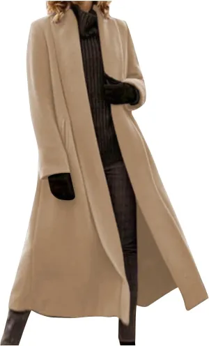 Pea Coats for Women Wool Pea Coat Fall Winter Knee Length Classic Elegant Trench Coat Thick Warm Open Front Overcoat