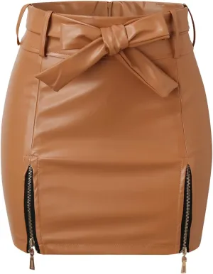 Pencil Skirt for Women with Tie Knot High Waist Slim Fit PU Leather Zipper Slit Business Workout Mini Skirts