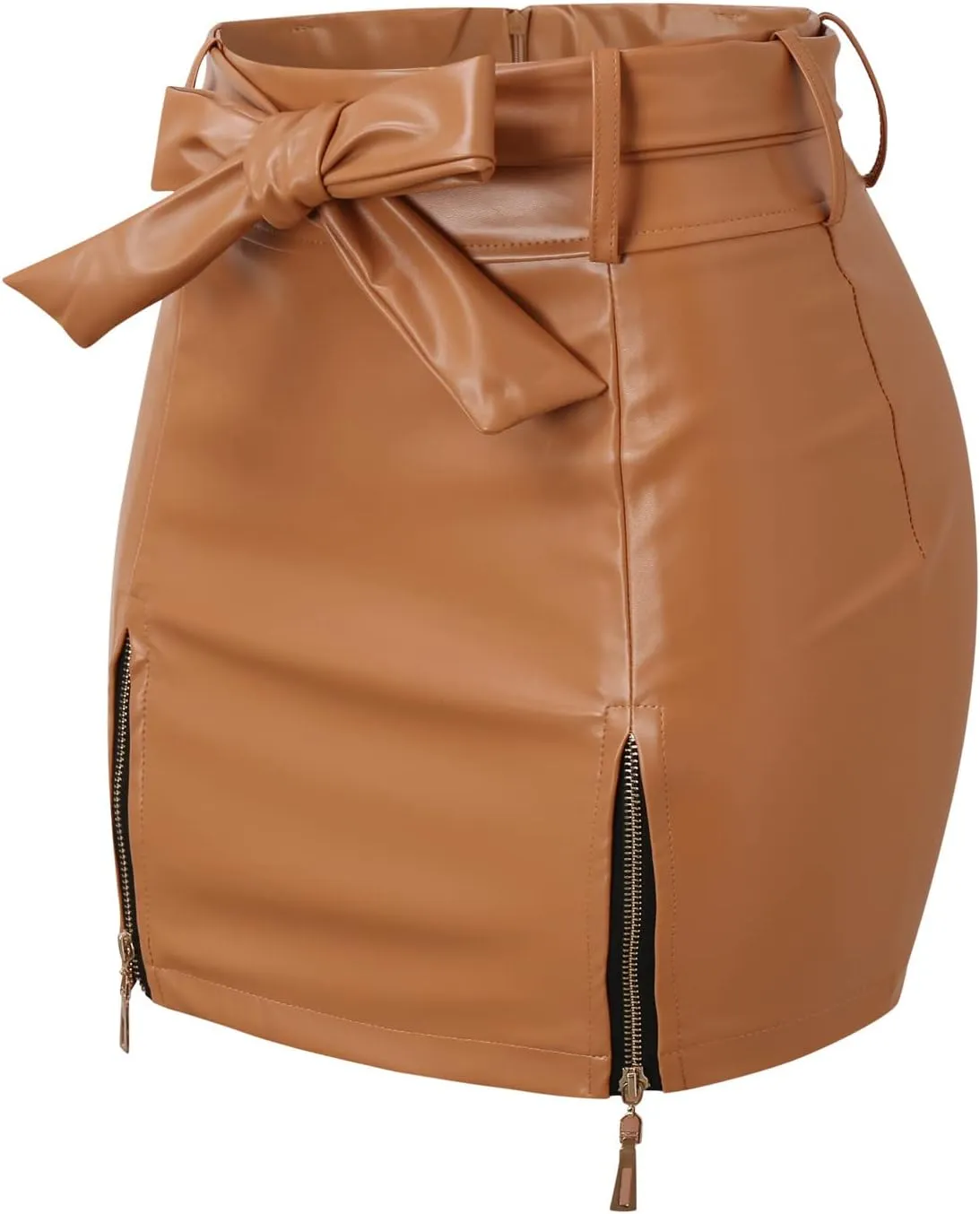 Pencil Skirt for Women with Tie Knot High Waist Slim Fit PU Leather Zipper Slit Business Workout Mini Skirts
