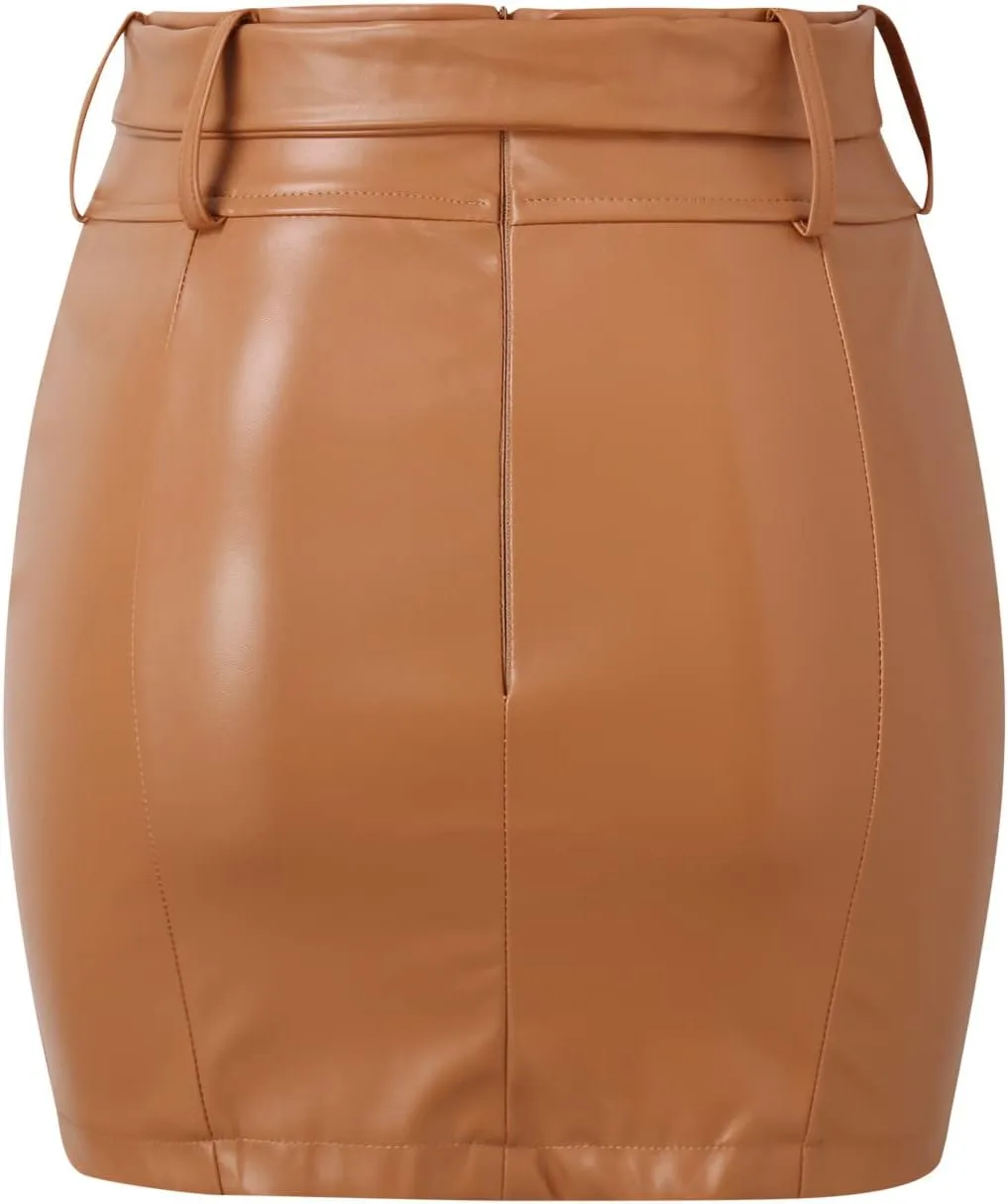 Pencil Skirt for Women with Tie Knot High Waist Slim Fit PU Leather Zipper Slit Business Workout Mini Skirts