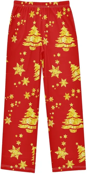Pigsaly Boys' Pants Gold Christmas Tree Star Long Bottoms Happy New Year Jogger Pants Elastic Waist Trousers With Pockets S