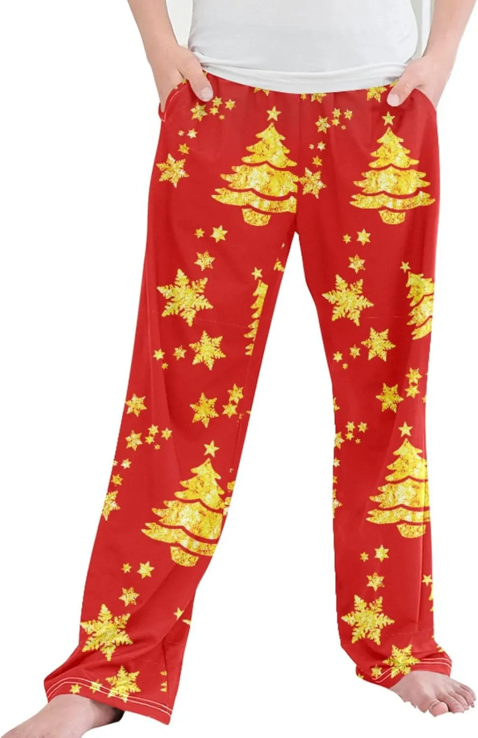 Pigsaly Boys' Pants Gold Christmas Tree Star Long Bottoms Happy New Year Jogger Pants Elastic Waist Trousers With Pockets S