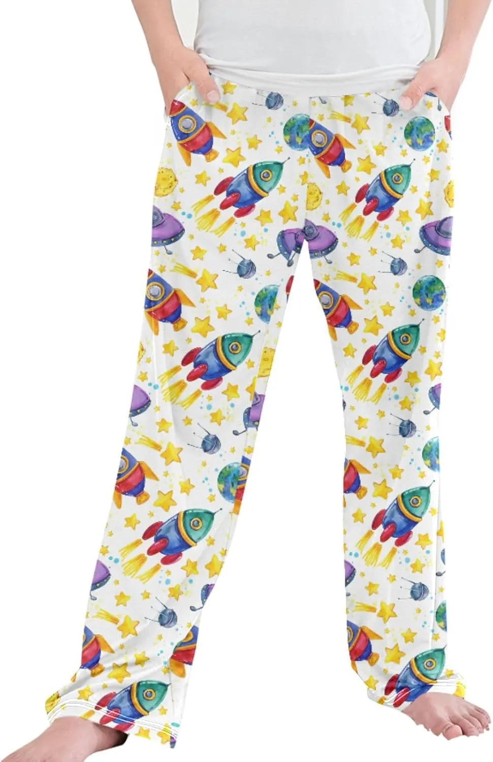 Pigsaly Boys' Pants Rocket Starship Galaxy Long Bottoms Moon Stars Jogger Pants Elastic Waist Trousers With Pockets S