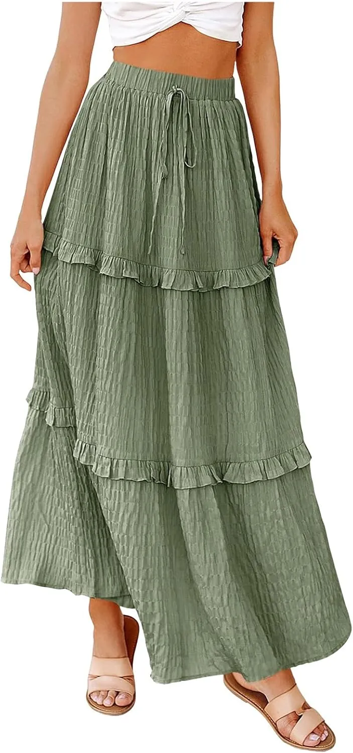 Pleated Skirts for Women Summer Boho Flowy Swing Ruffle Tiered A-Line Drawstring Elastic Waist Long Midi Skirt Dress